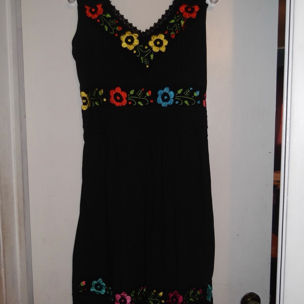 Floral Embroidered Midi- Black Dress